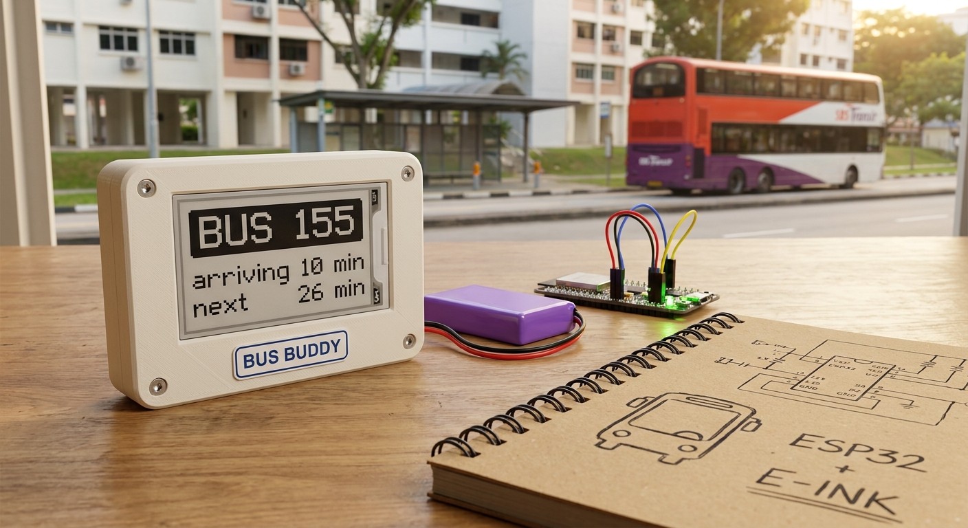 Bus Buddy e-ink bus-arrival card on a table, with a Singapore double-decker bus outside